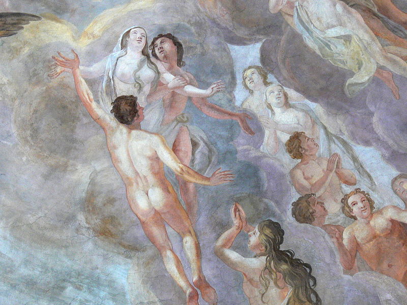 Found on Wikicommons: Saint Michael parish church in Untergriesbach. Fresco at the ceiling: Last Judgment( 1780 ) by Johann Georg Unruhe - Good souls rising to heaven.Pfarrkirche St. Michael in Untergriesbach. Vierungsfresco: Jüngst